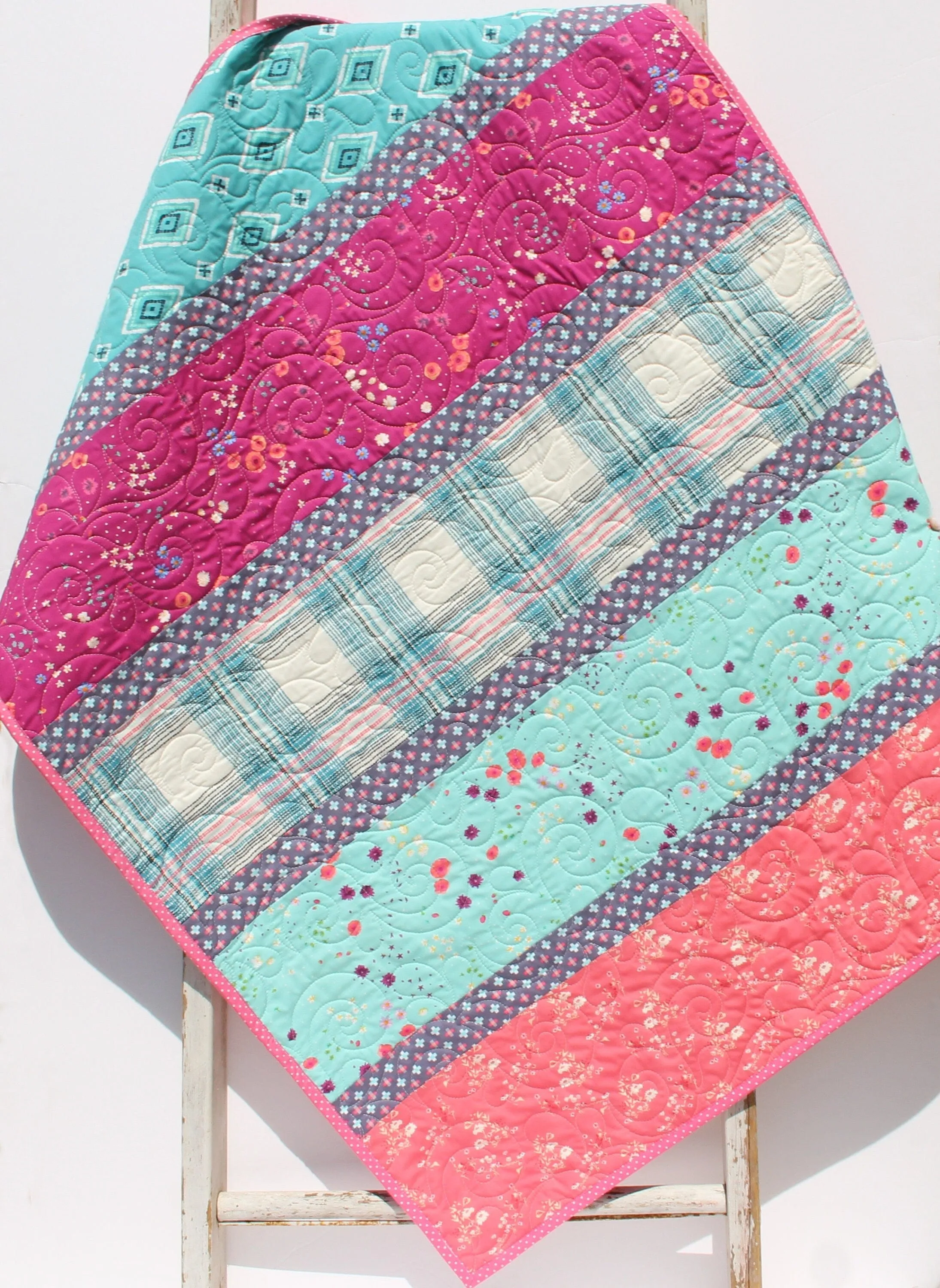 Quilt Kit, Striped Beginners, Bright Floral Plaid, Pink Purple Flowers, Projects for you to Make Baby or Toddler Teal Keepsake Gift Handmade