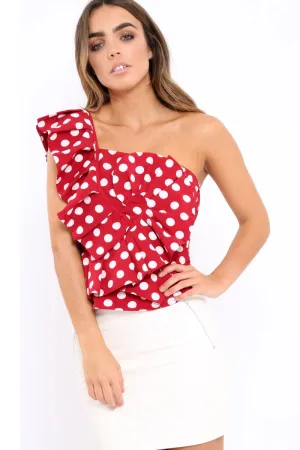 Red One Shoulder Polka Dot Top with Ruffles - Secilia