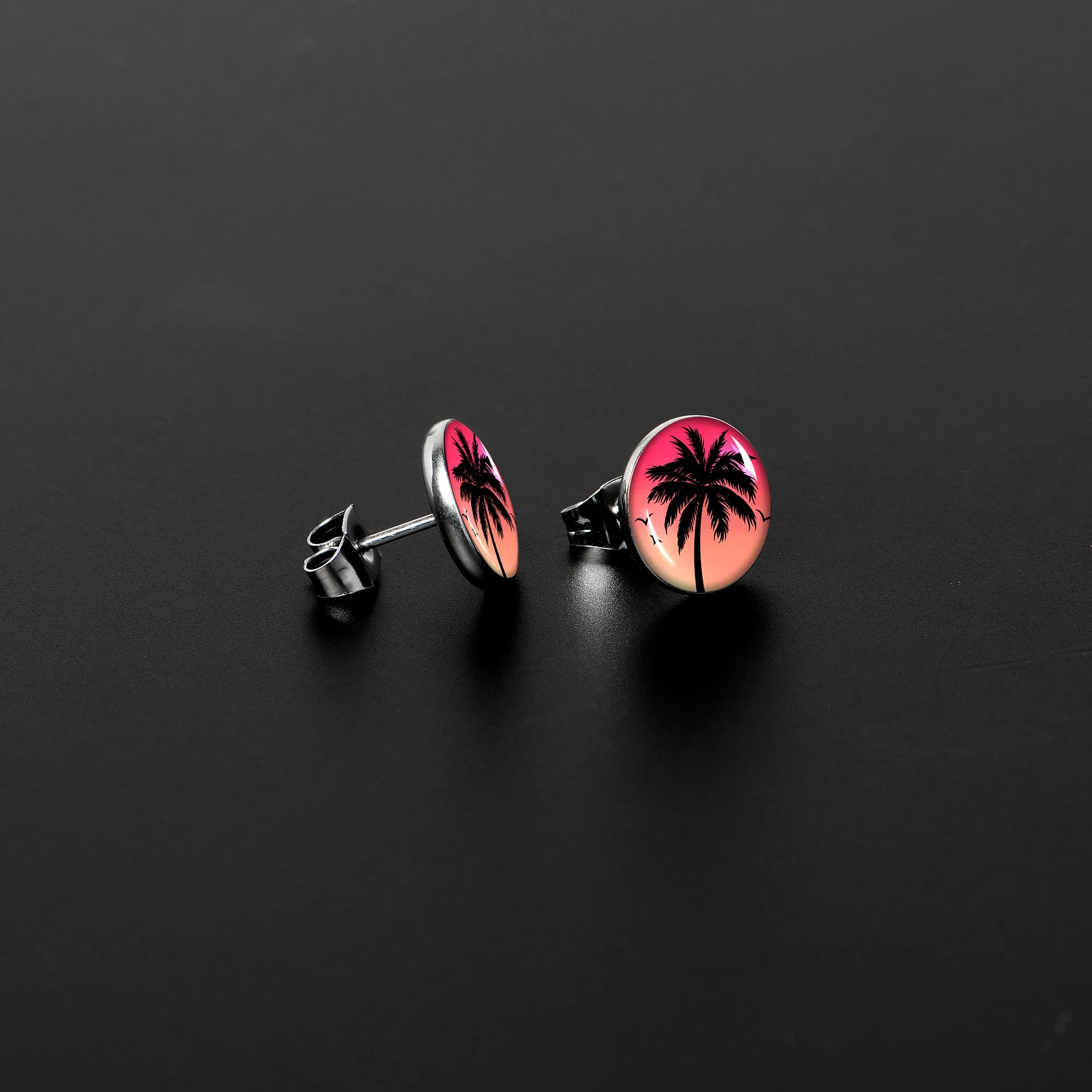 Red Sunset Palm Tree Stud Earrings