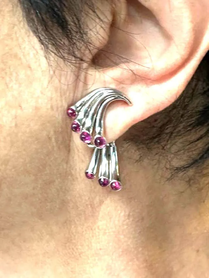 Retro Cabochon Ruby Platinum Ear Clips