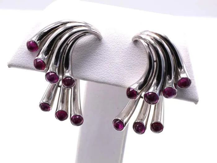 Retro Cabochon Ruby Platinum Ear Clips