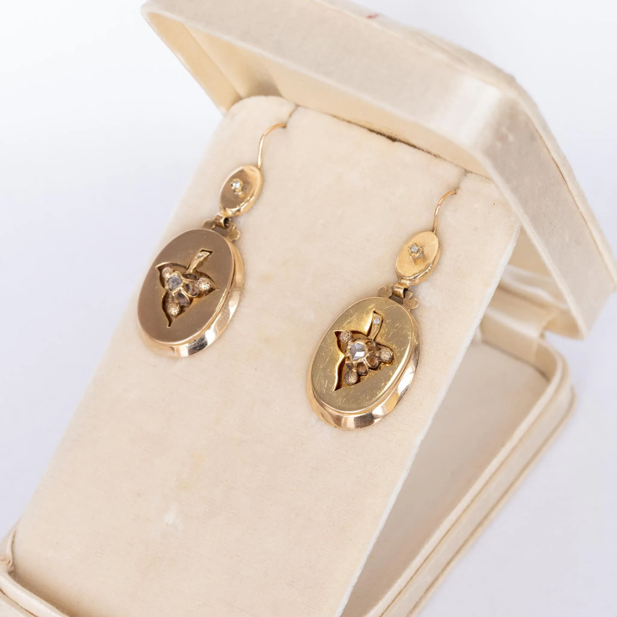 Rose Cut Diamond Trillium Flower Earrings, 14k