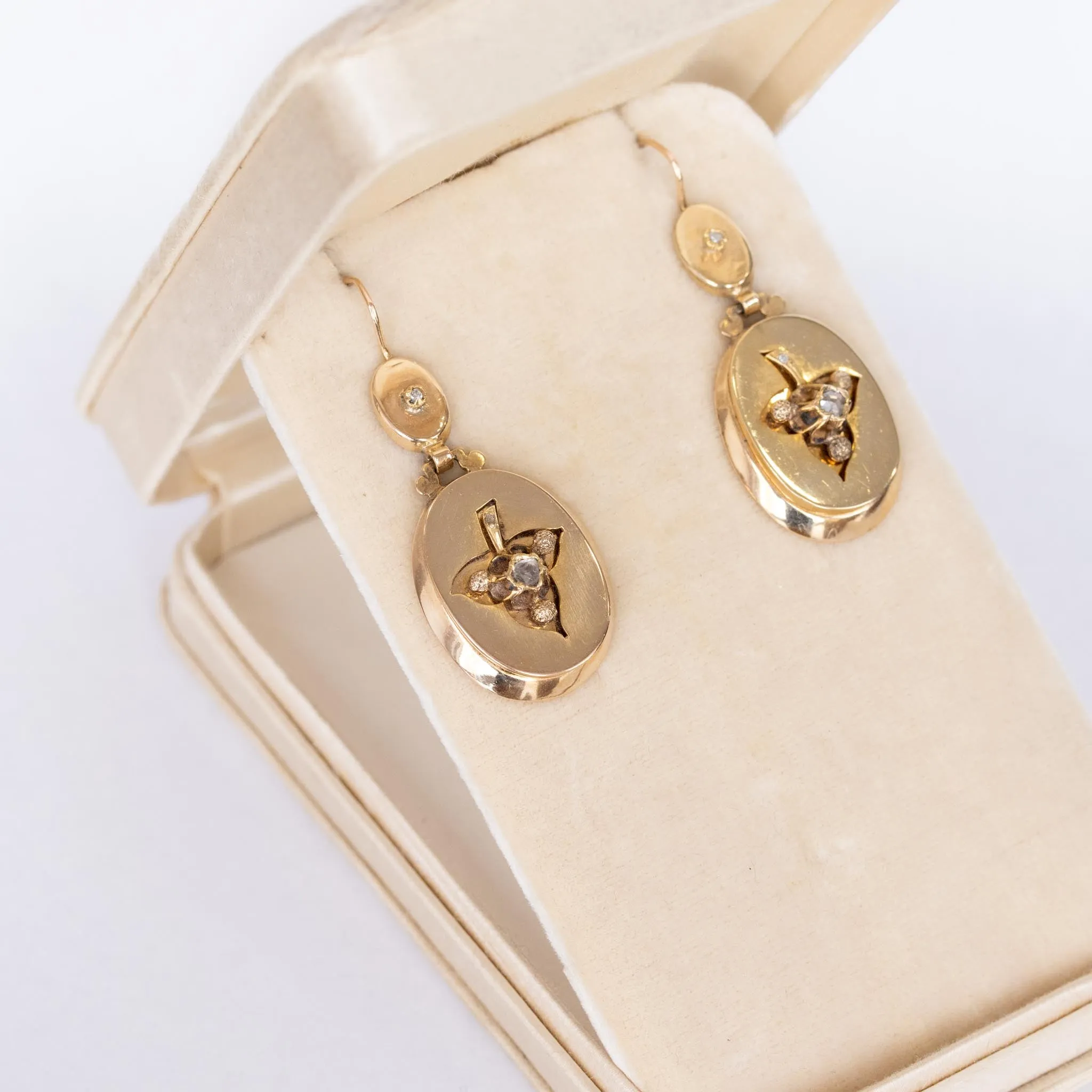 Rose Cut Diamond Trillium Flower Earrings, 14k
