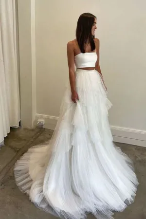 Roycebridal Simple Two Piece Wedding Dress With Layered Tulle Skirt, Bridal Gown, MW1005