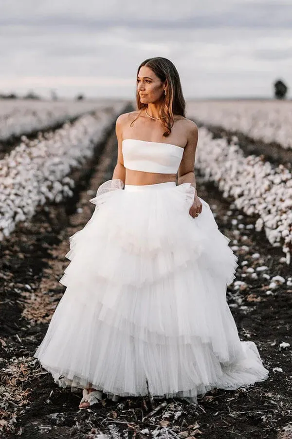 Roycebridal Simple Two Piece Wedding Dress With Layered Tulle Skirt, Bridal Gown, MW1005