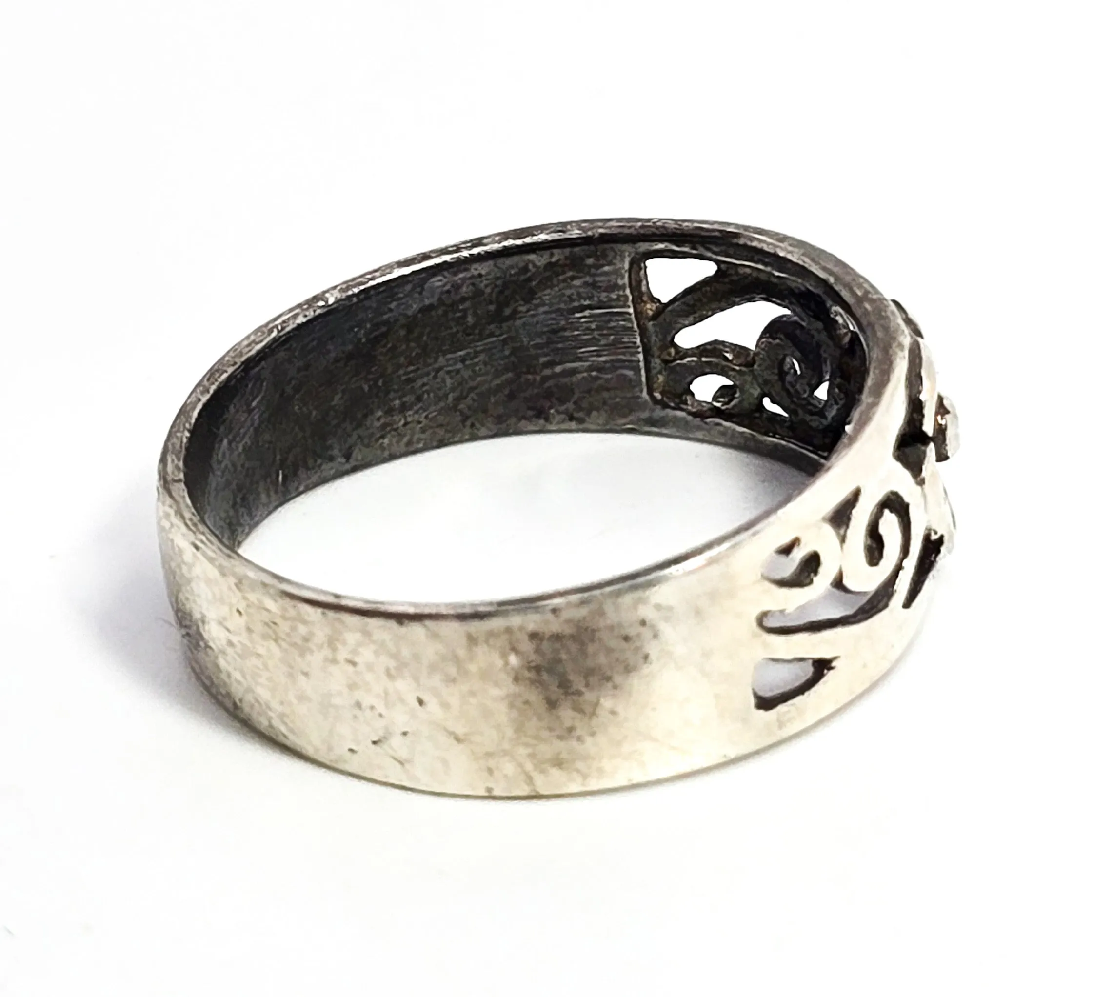 Silver flower open work simple filigree sterling silver ring band size 8