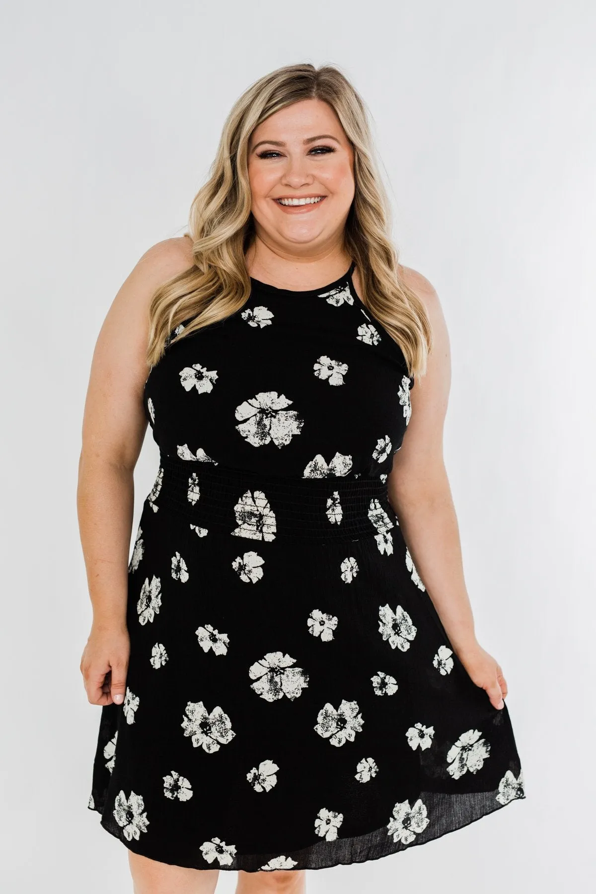 Somewhere On A Beach Floral Halter Dress- Black