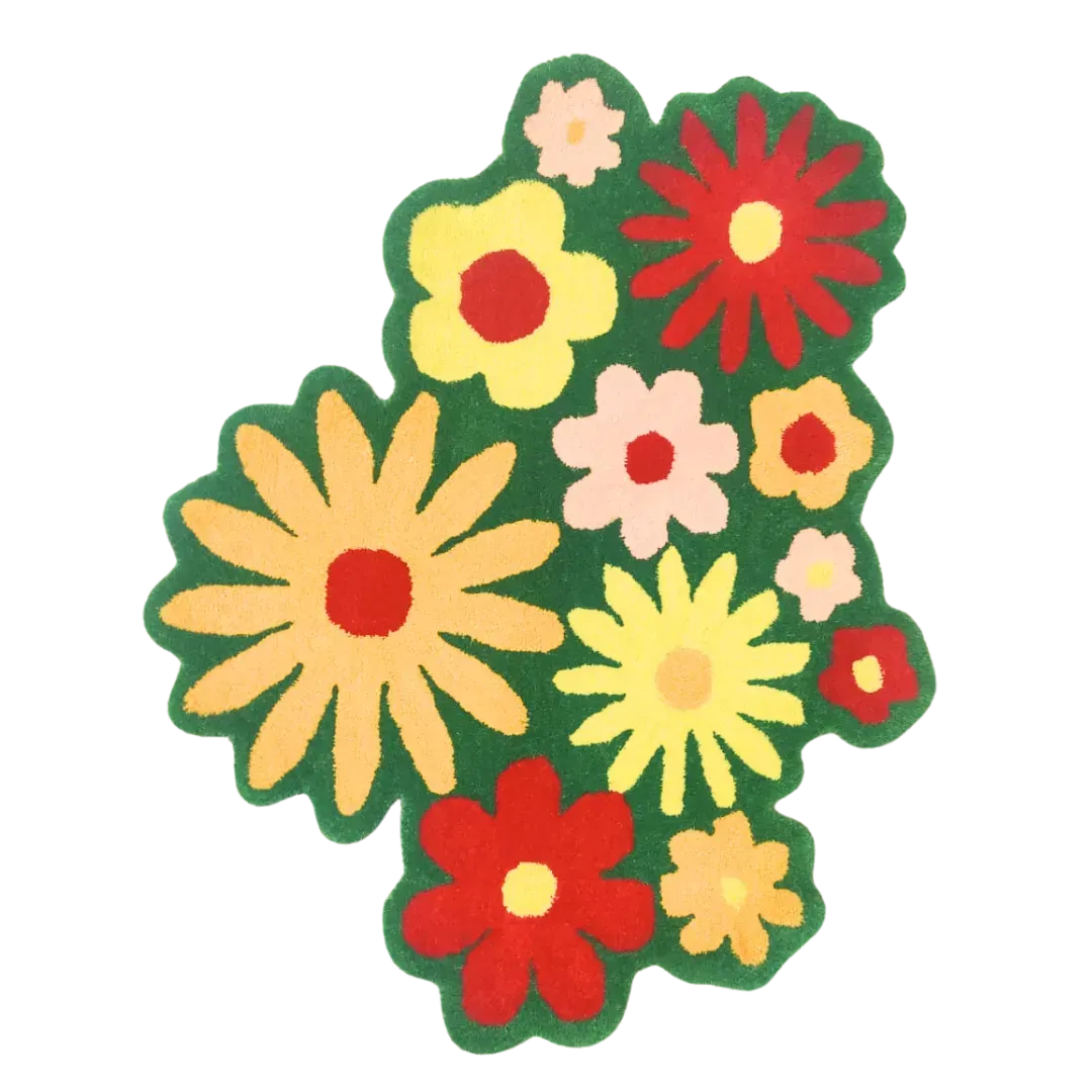 Spring Flowers in Green Field Wool Rug