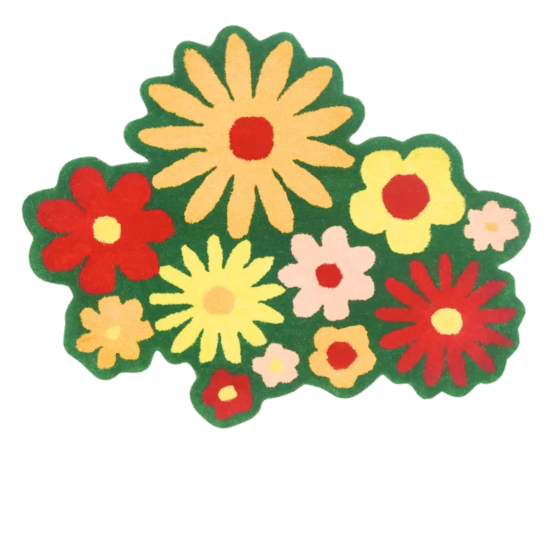 Spring Flowers in Green Field Wool Rug