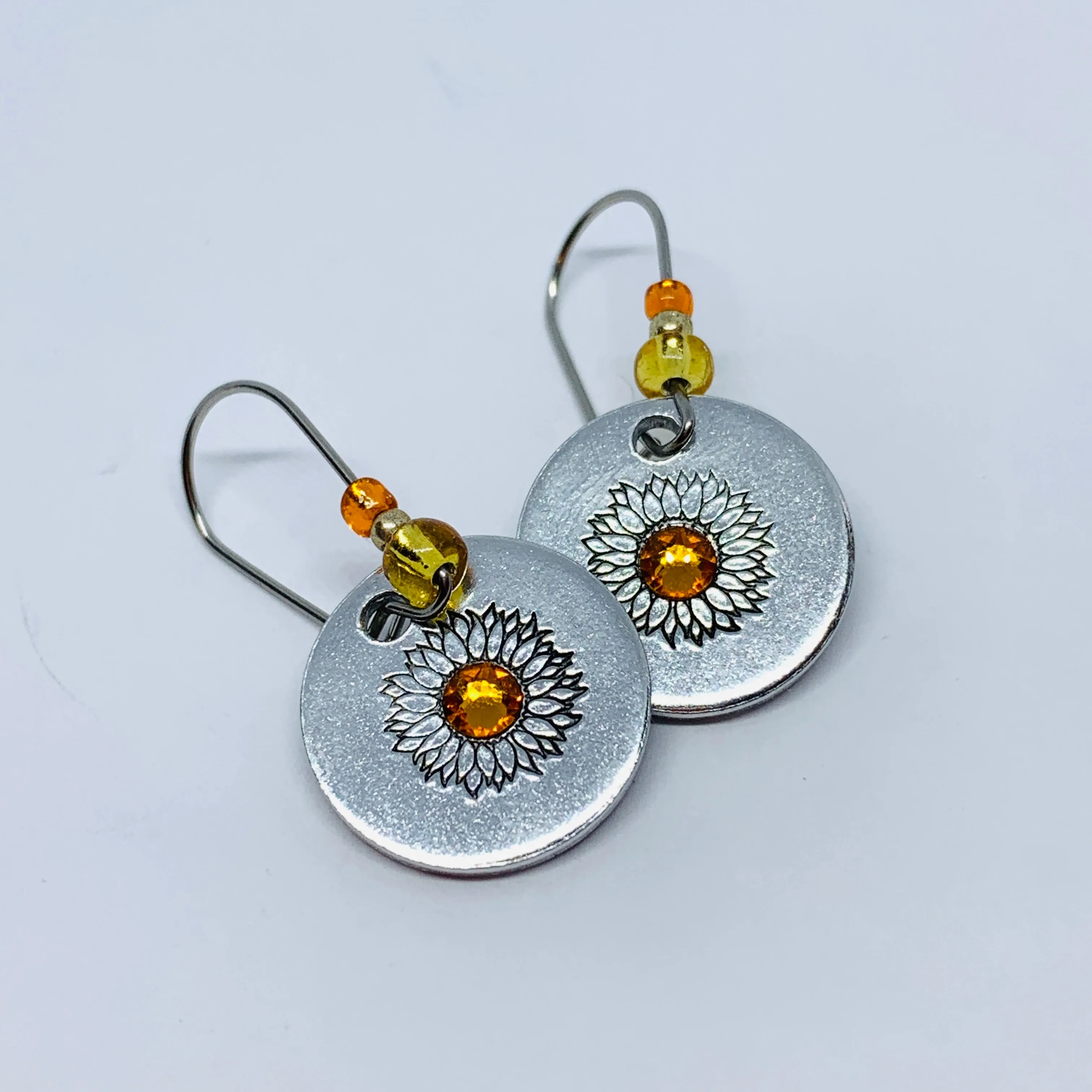 Sunflowers with Swarovski Crystals - Hand Stamped Earrings