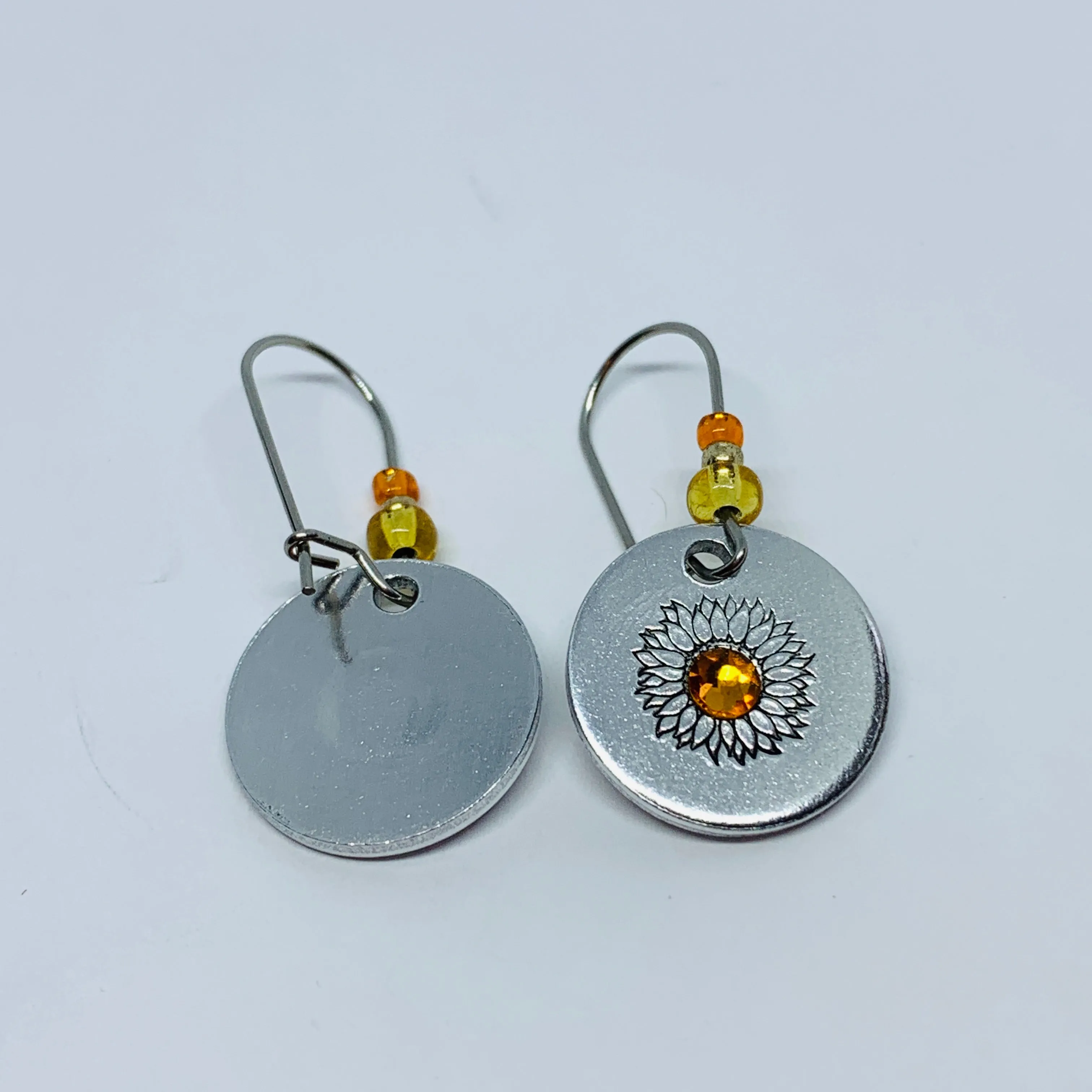 Sunflowers with Swarovski Crystals - Hand Stamped Earrings