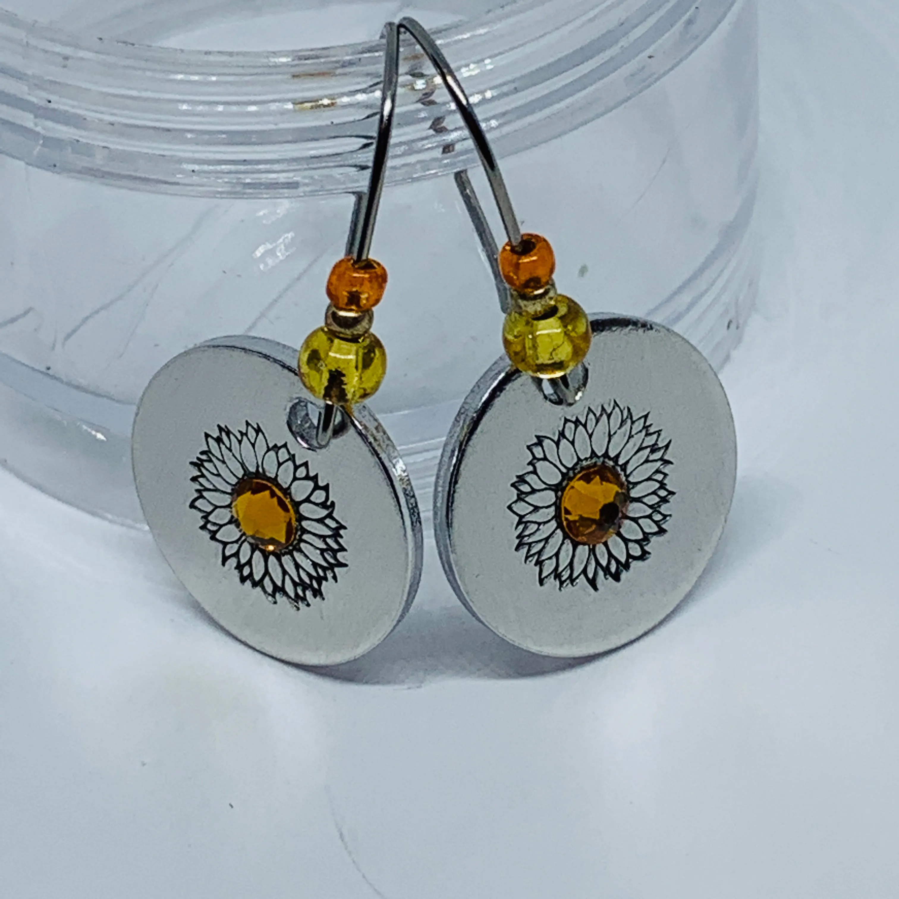 Sunflowers with Swarovski Crystals - Hand Stamped Earrings