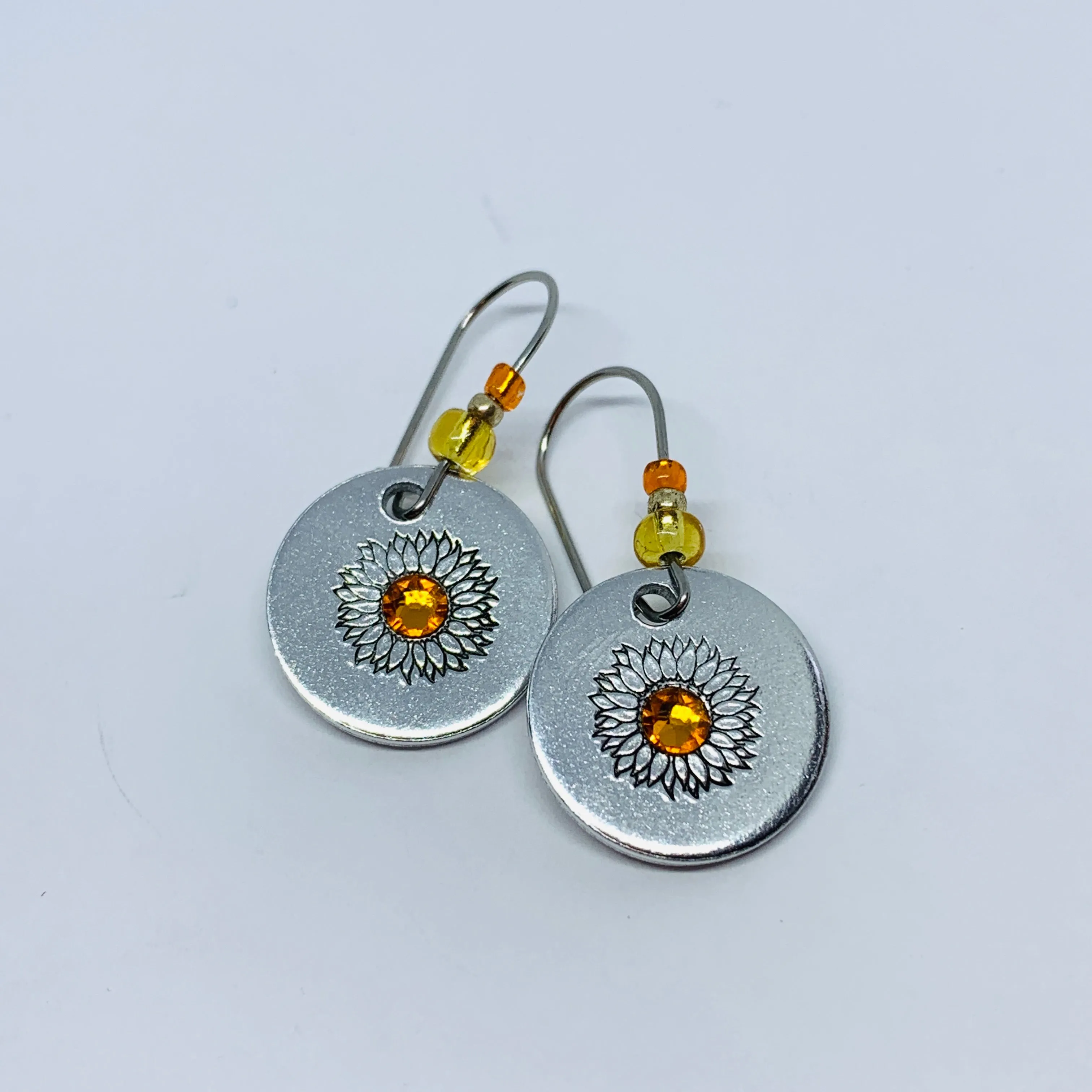 Sunflowers with Swarovski Crystals - Hand Stamped Earrings