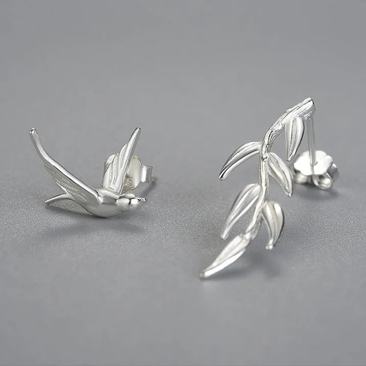 Swallow & Willow Branches Asymmetrical Dangle Earrings
