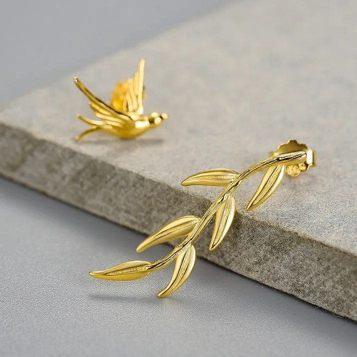 Swallow & Willow Branches Asymmetrical Dangle Earrings