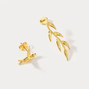 Swallow & Willow Branches Asymmetrical Dangle Earrings