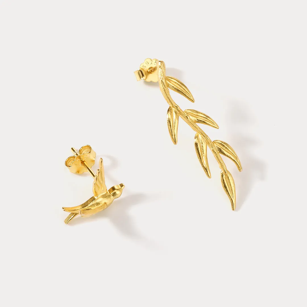 Swallow & Willow Branches Asymmetrical Dangle Earrings