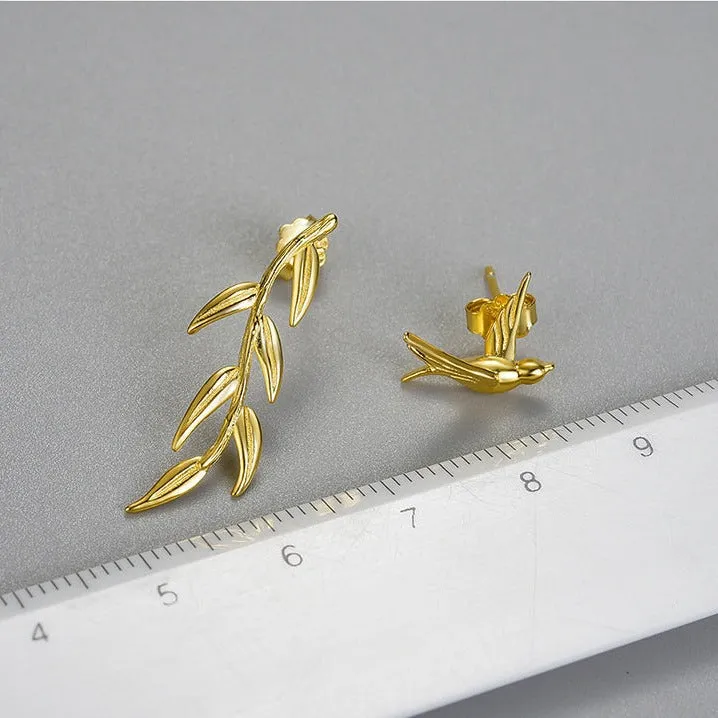 Swallow & Willow Branches Asymmetrical Dangle Earrings