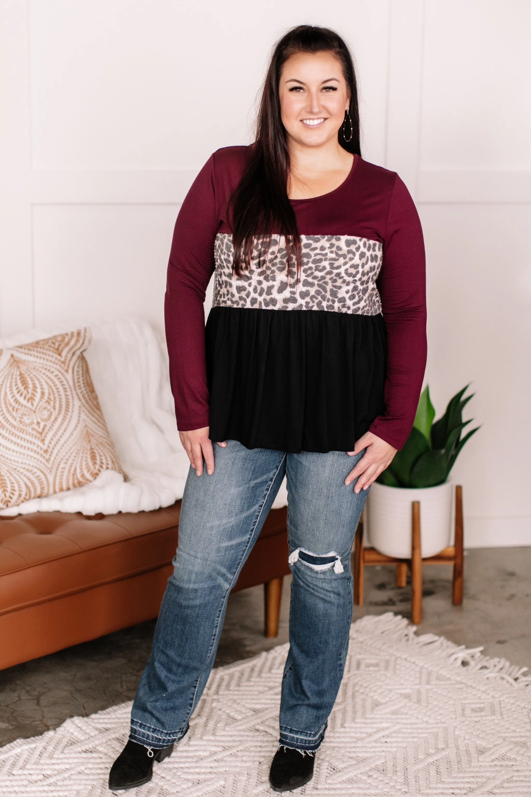 Take A Moment Color Block Animal Print Top