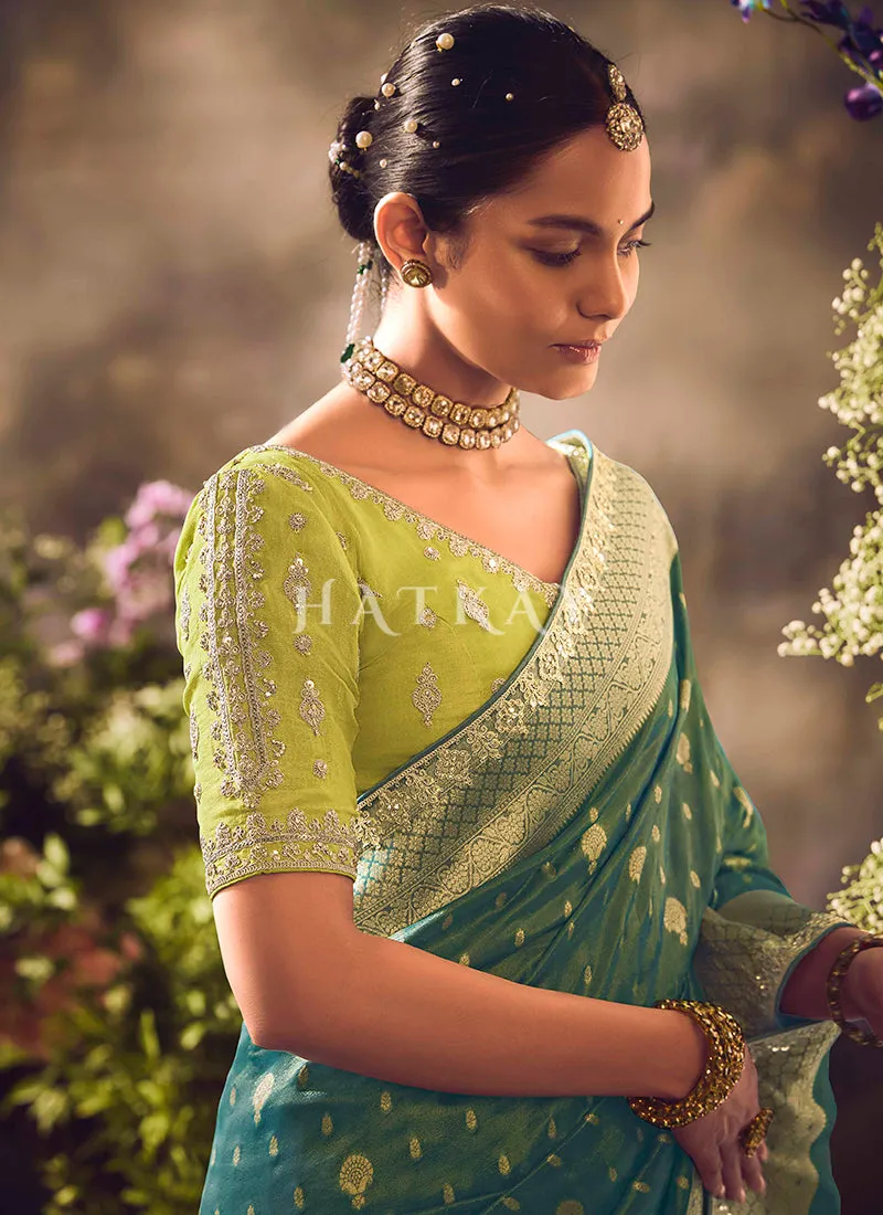 Teal And Lime Embroidery Banarasi Saree