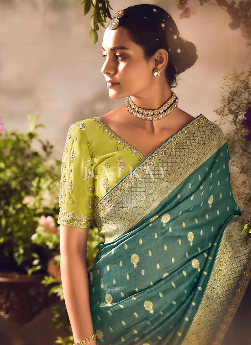 Teal And Lime Embroidery Banarasi Saree