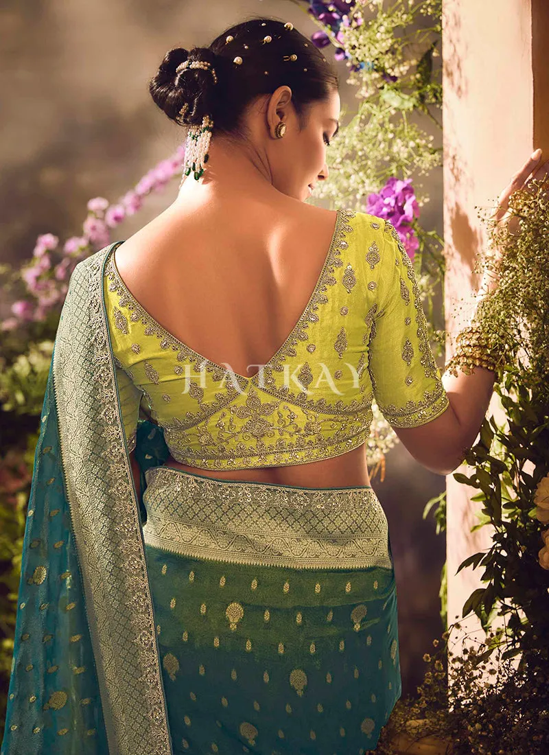 Teal And Lime Embroidery Banarasi Saree