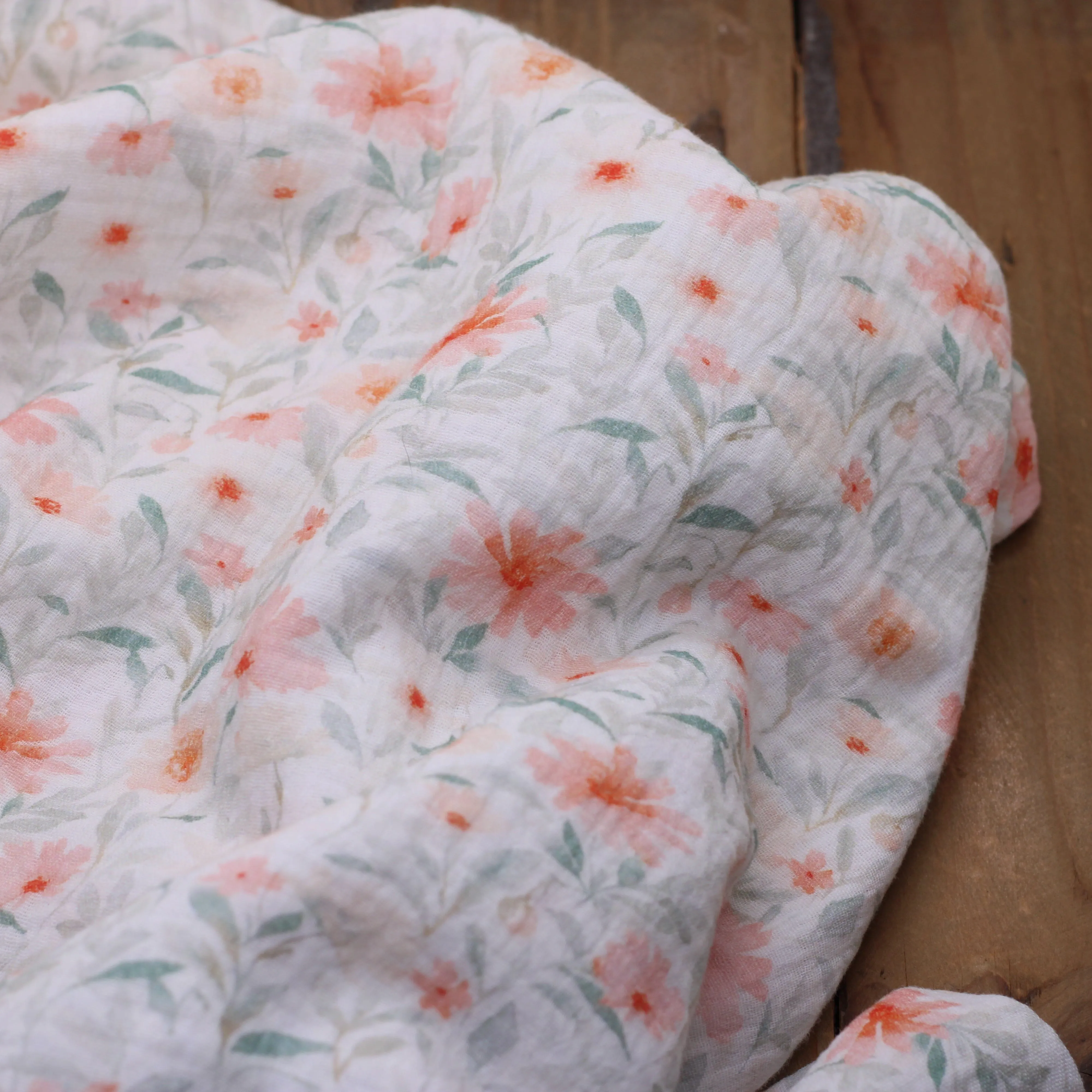 Tissu double Gaze de coton - CORAIL FLOWERS - Blanc cassé POPPY DESIGNED (Vendu x10cm)