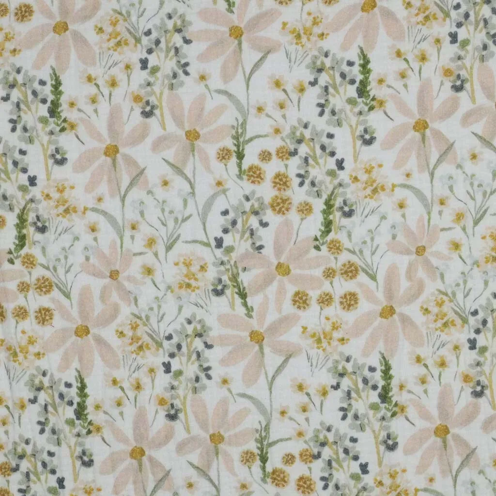 Tissu double Gaze de coton - GREEN FLOWERS - Blanc POPPY DESIGNED (Vendu x10cm)