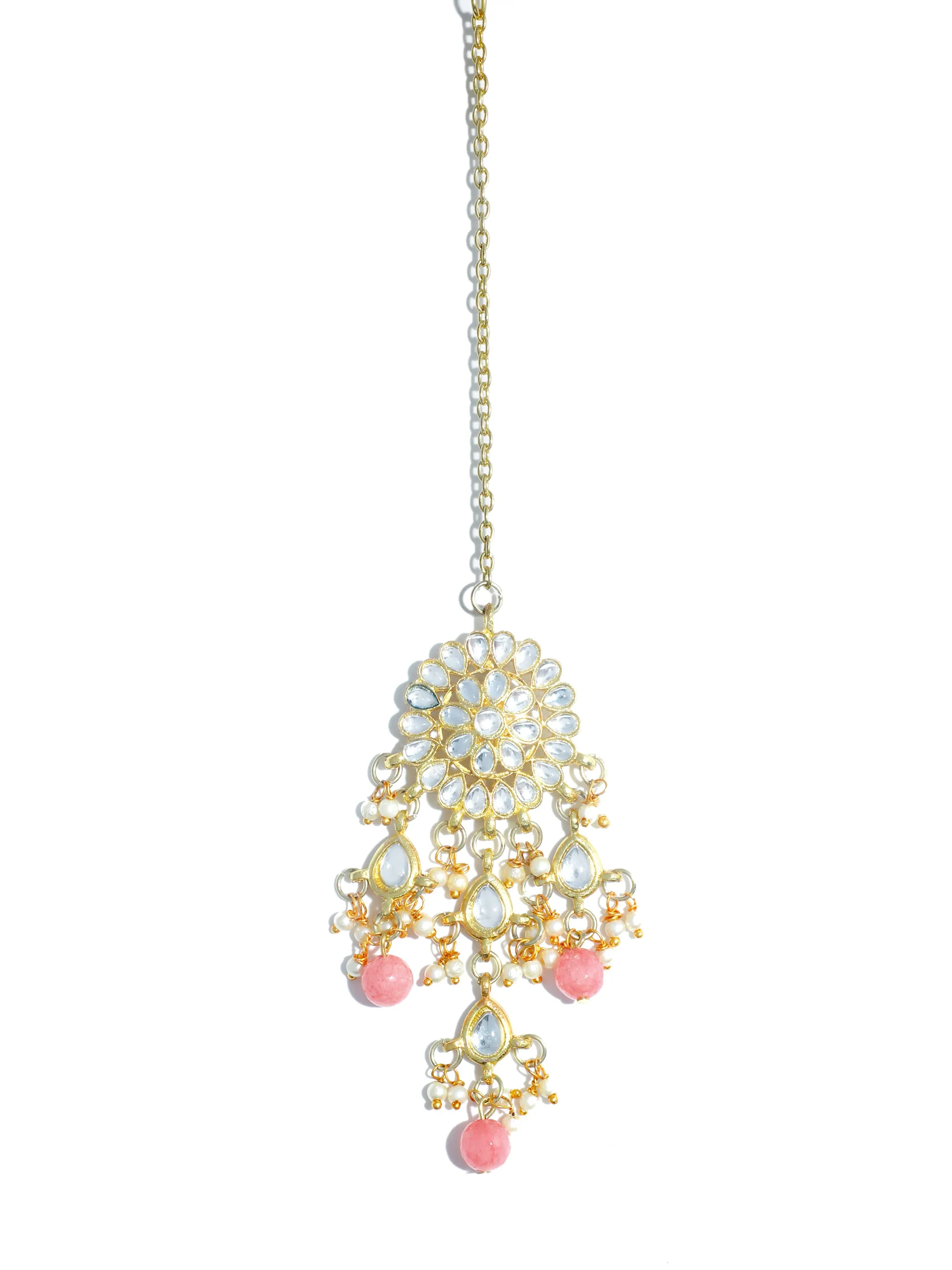 Traditional Gold Plated Peach Beads and Tassel Kundan Maangtikka for Women