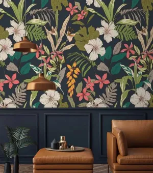 Tropical Bright Flowers and Leaves Textured Tropical Wallpaper
