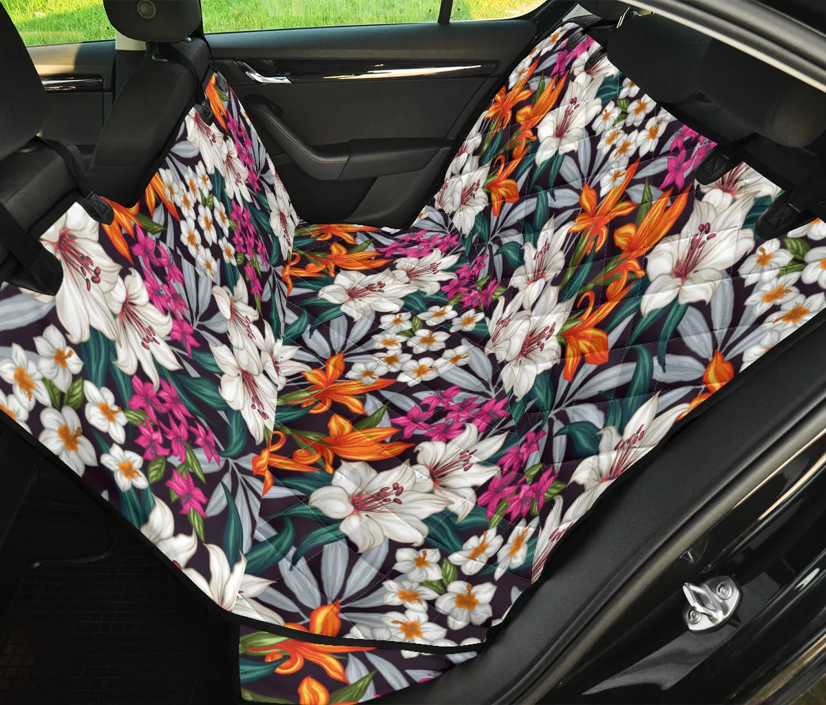 Tropical Flowers In White, Orange and Pink Back Seat Cover