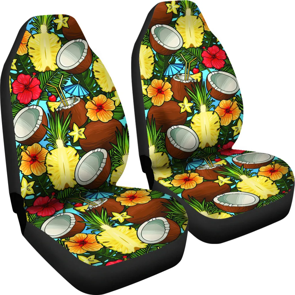 Tropical Flowers With Coconuts, Pineapple Pattern Car Seat Covers Set
