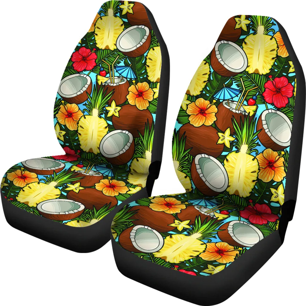 Tropical Flowers With Coconuts, Pineapple Pattern Car Seat Covers Set