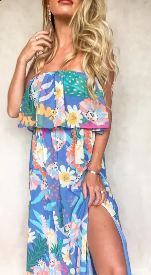 Tropical print strapless maxi dress