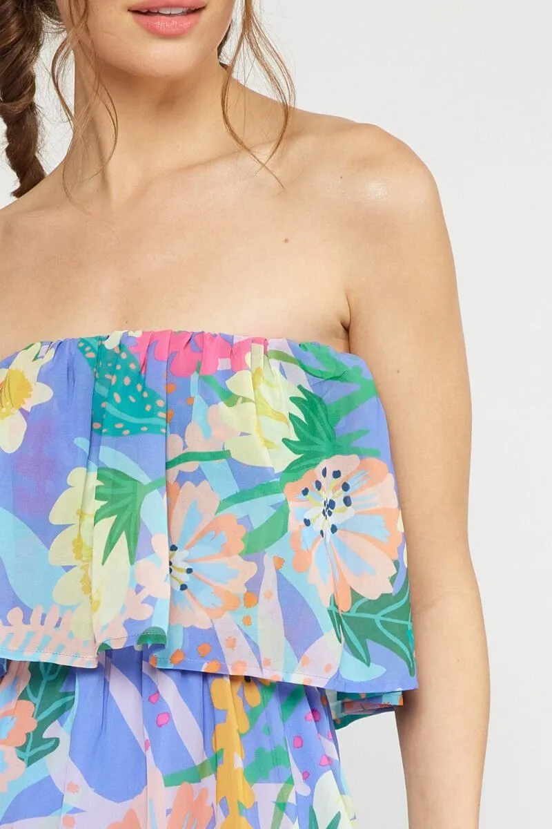 Tropical print strapless maxi dress