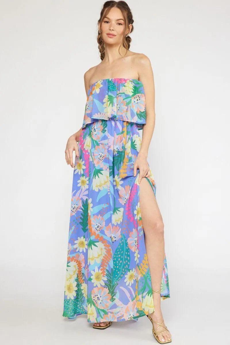 Tropical print strapless maxi dress