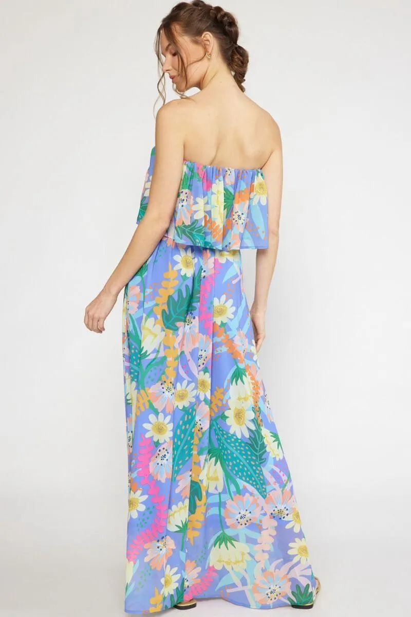 Tropical print strapless maxi dress