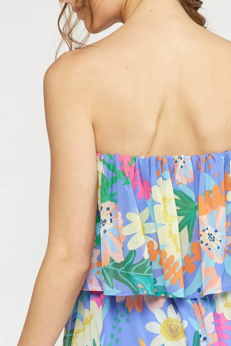 Tropical print strapless maxi dress