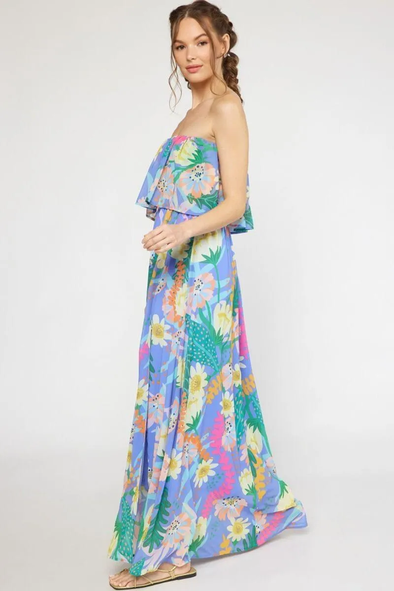 Tropical print strapless maxi dress