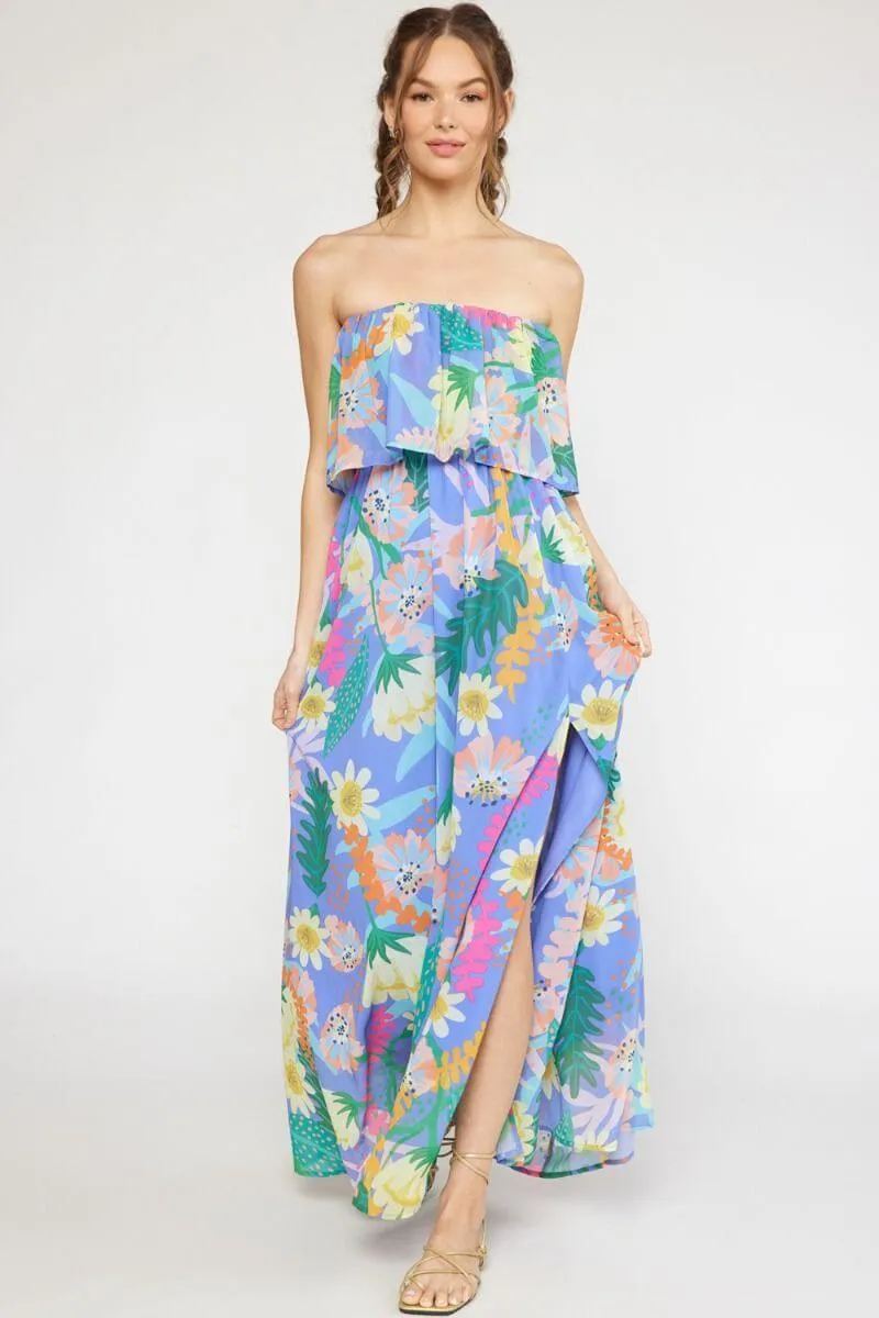 Tropical print strapless maxi dress