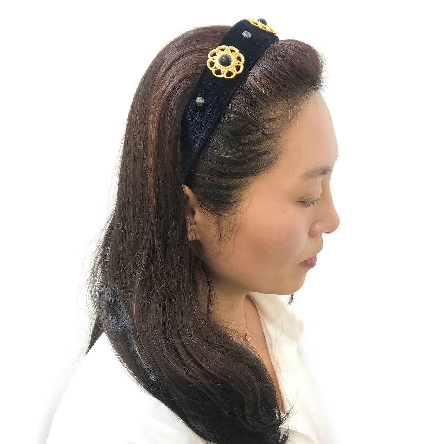 Velvet Metal Embellished 3 cm Flat Headband