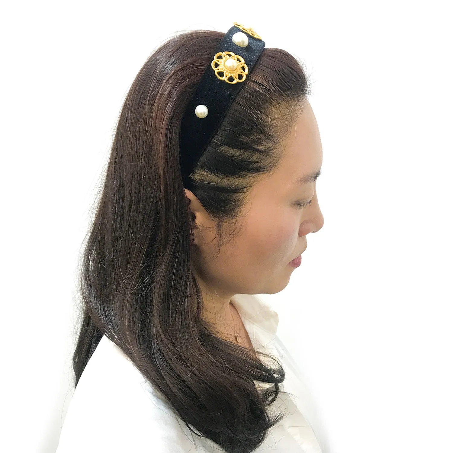 Velvet Pearl Embellished 3 cm Flat Headband