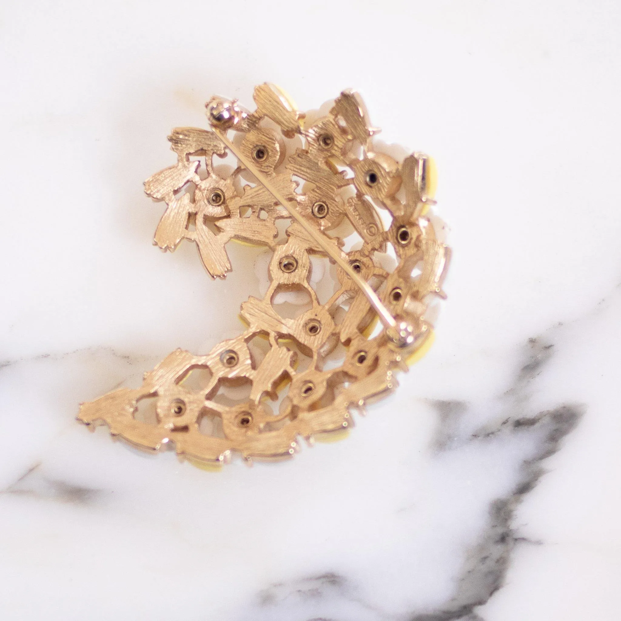 Vintage Crown Trifari White Flower and Yellow Leaf Brooch