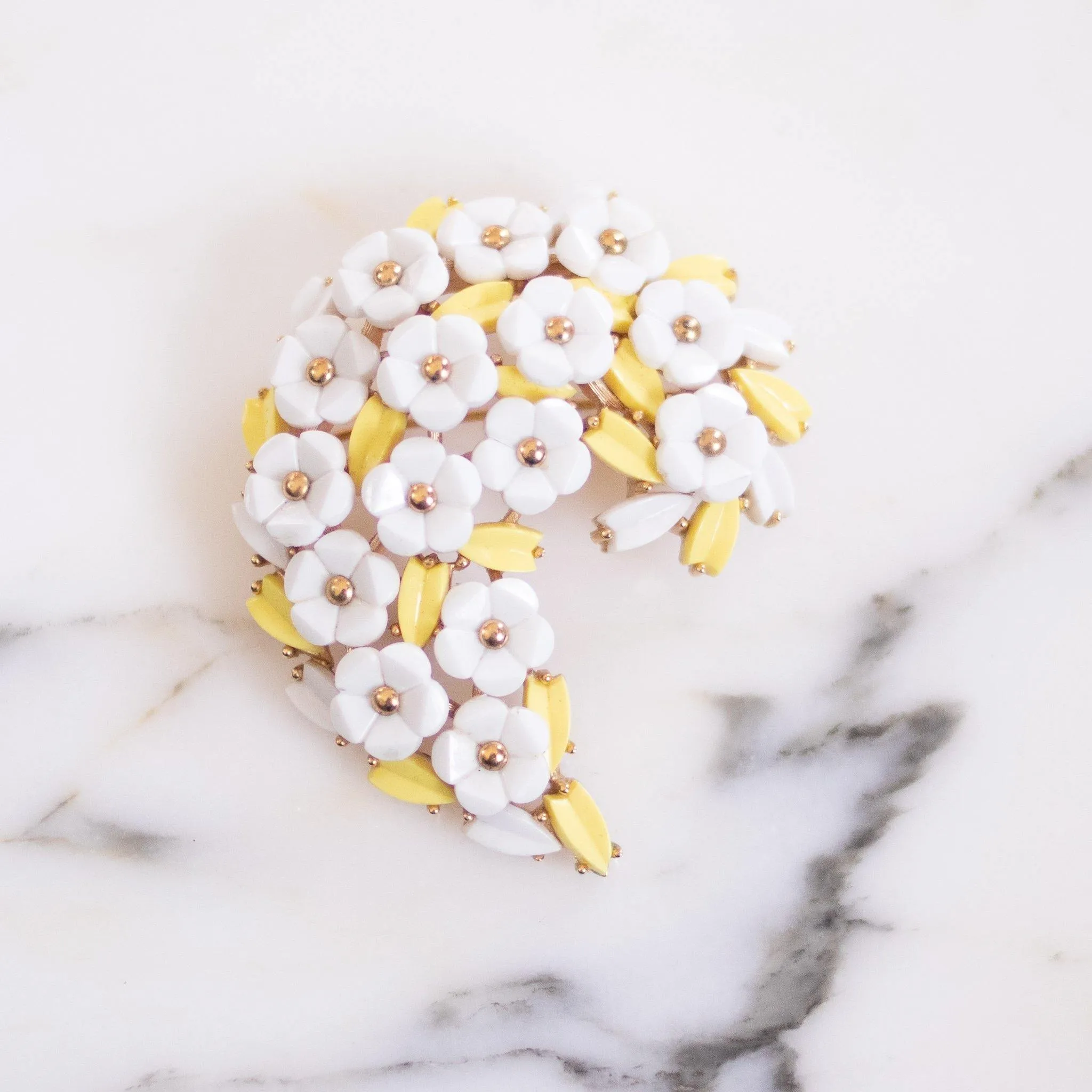 Vintage Crown Trifari White Flower and Yellow Leaf Brooch