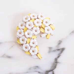Vintage Crown Trifari White Flower and Yellow Leaf Brooch