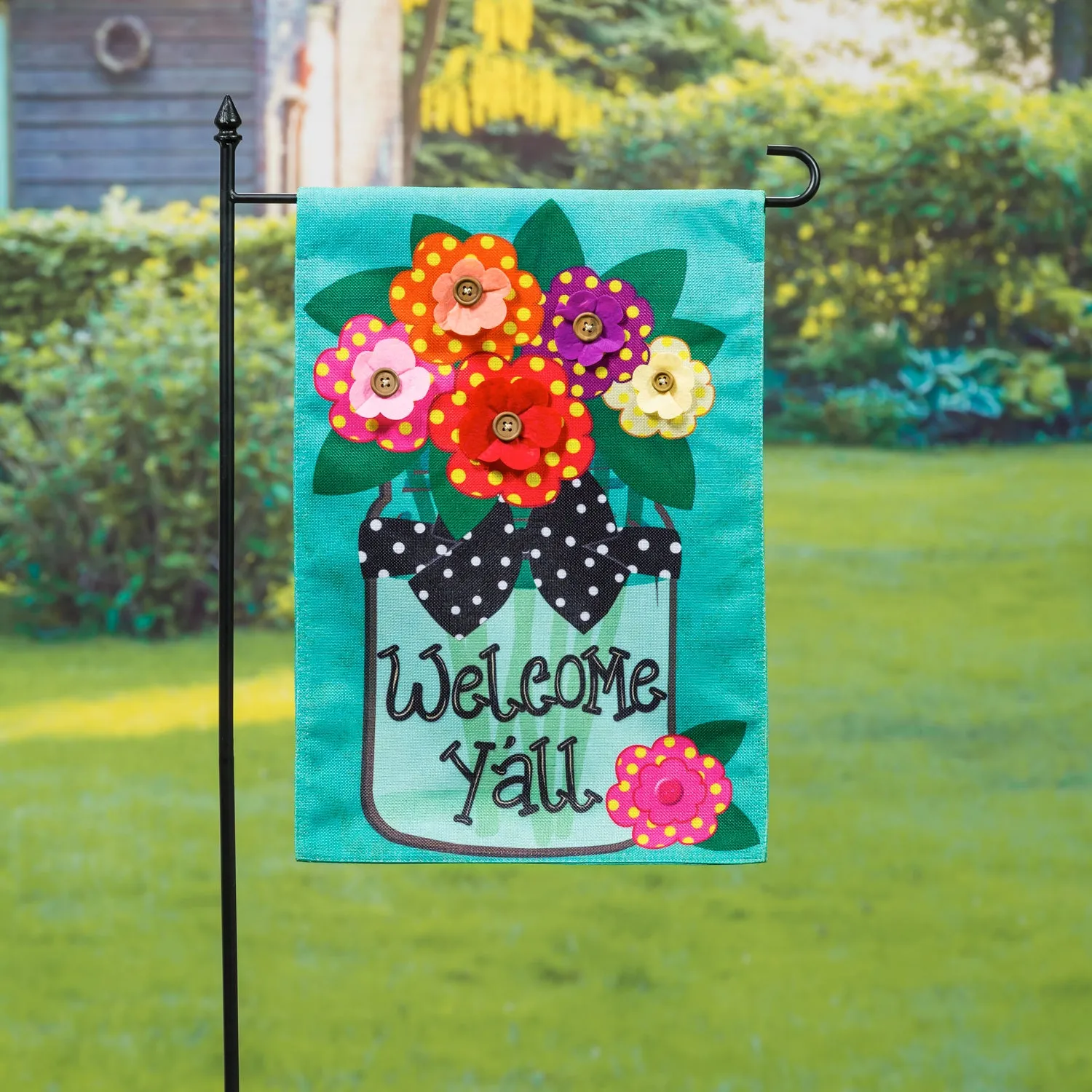 Welcome Y'all Polka Dot Flowers Garden Burlap Flag,14b4181