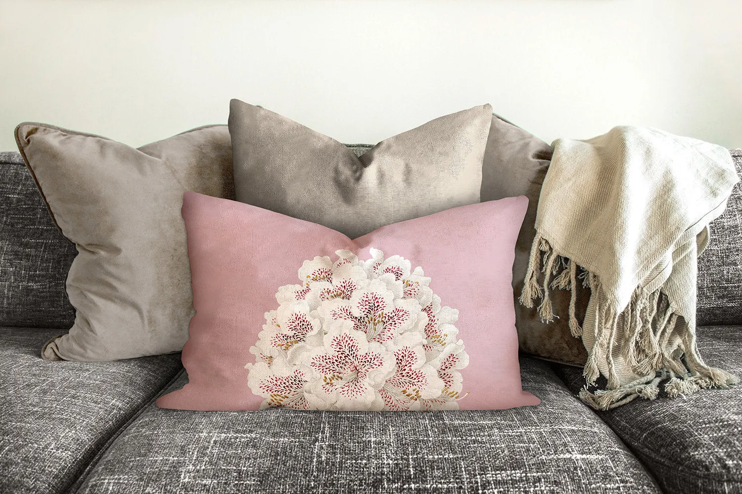 White flowers throw pillow, pink floral pillow, Interior decor, home decor, pillow cover and insert, botanical decor, tropical decor pillow
