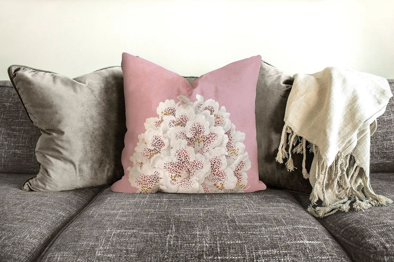 White flowers throw pillow, pink floral pillow, Interior decor, home decor, pillow cover and insert, botanical decor, tropical decor pillow