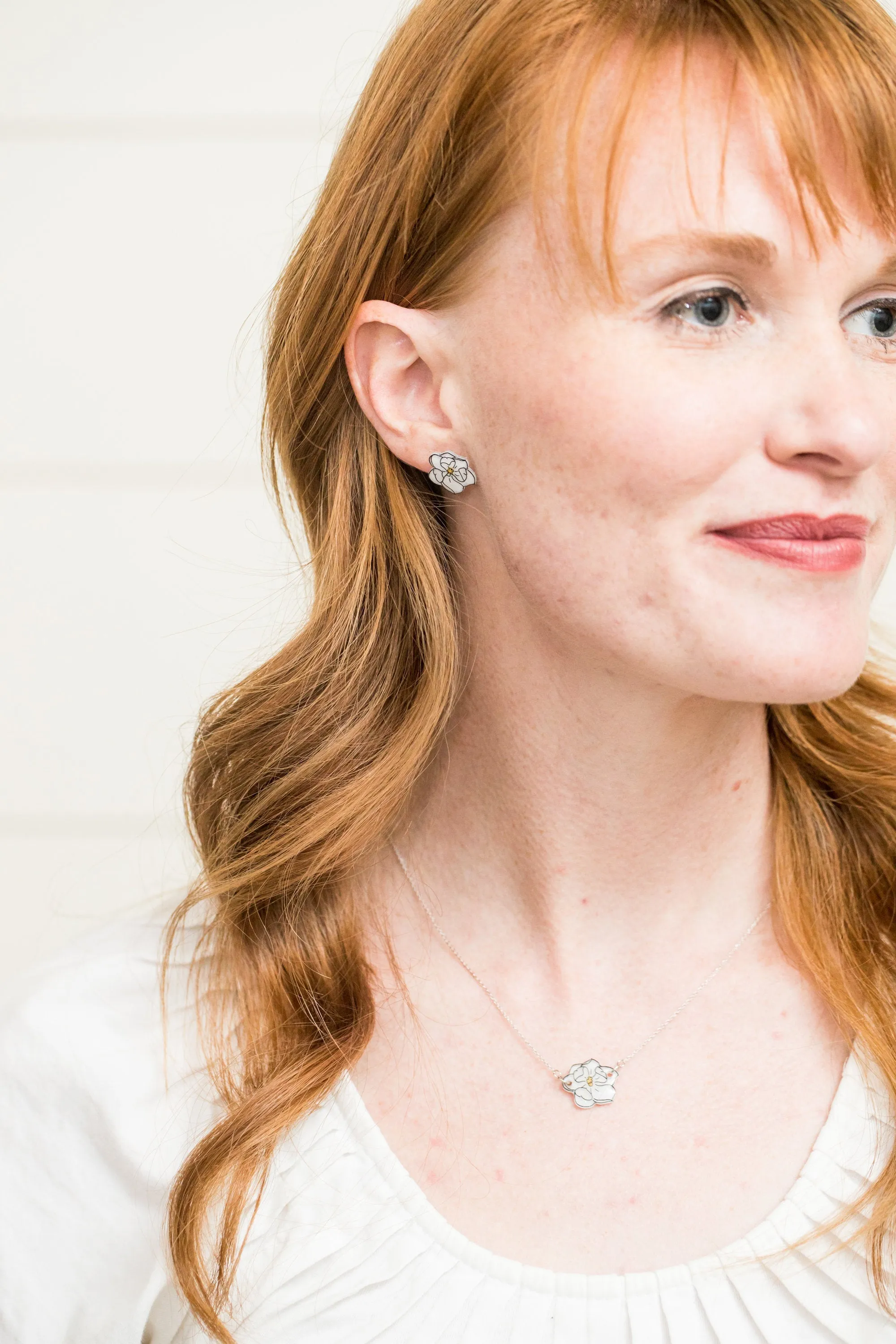 White Magnolia Flower Stud Earrings