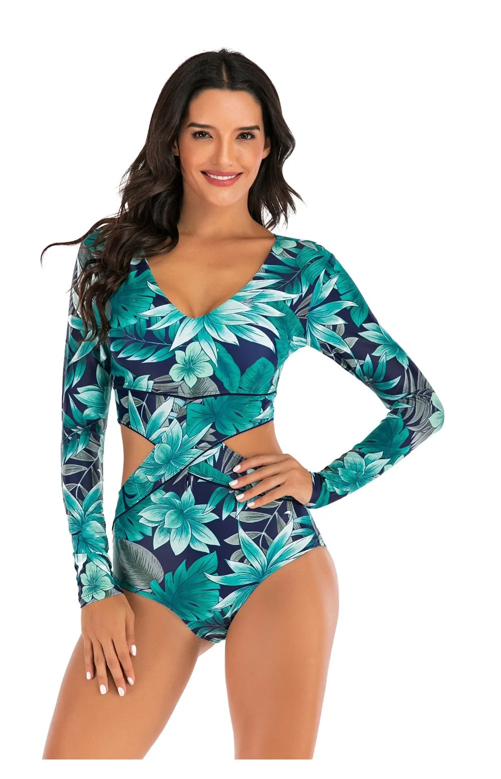 Women Rashguard Long Sleeve: Turquoise Flowers